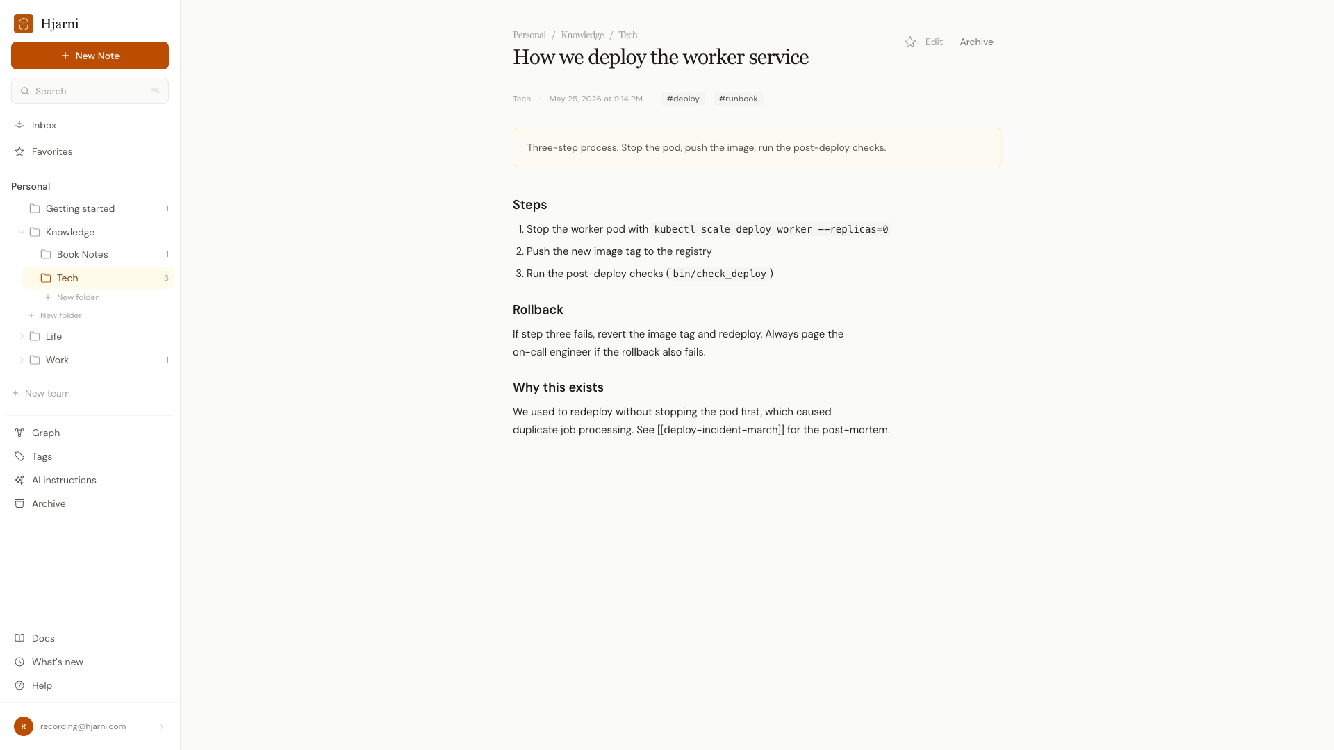 A runbook note titled 'How we deploy the worker service' open in Hjarni, with deploy and runbook tags, a one-line summary, and a Markdown body. The sidebar shows the Knowledge > Tech folder it lives in.