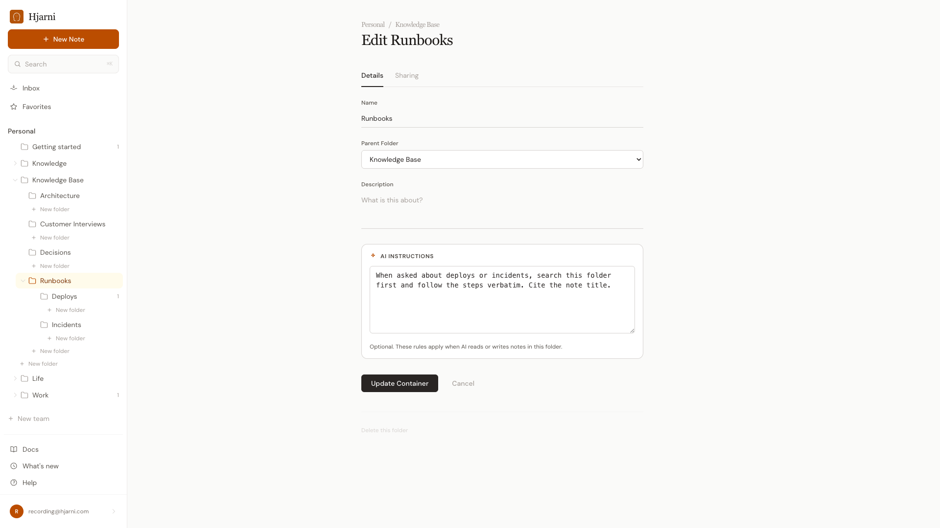 The Edit Runbooks folder page in Hjarni, with the AI Instructions panel containing 'When asked about deploys or incidents, search this folder first and follow the steps verbatim. Cite the note title.'