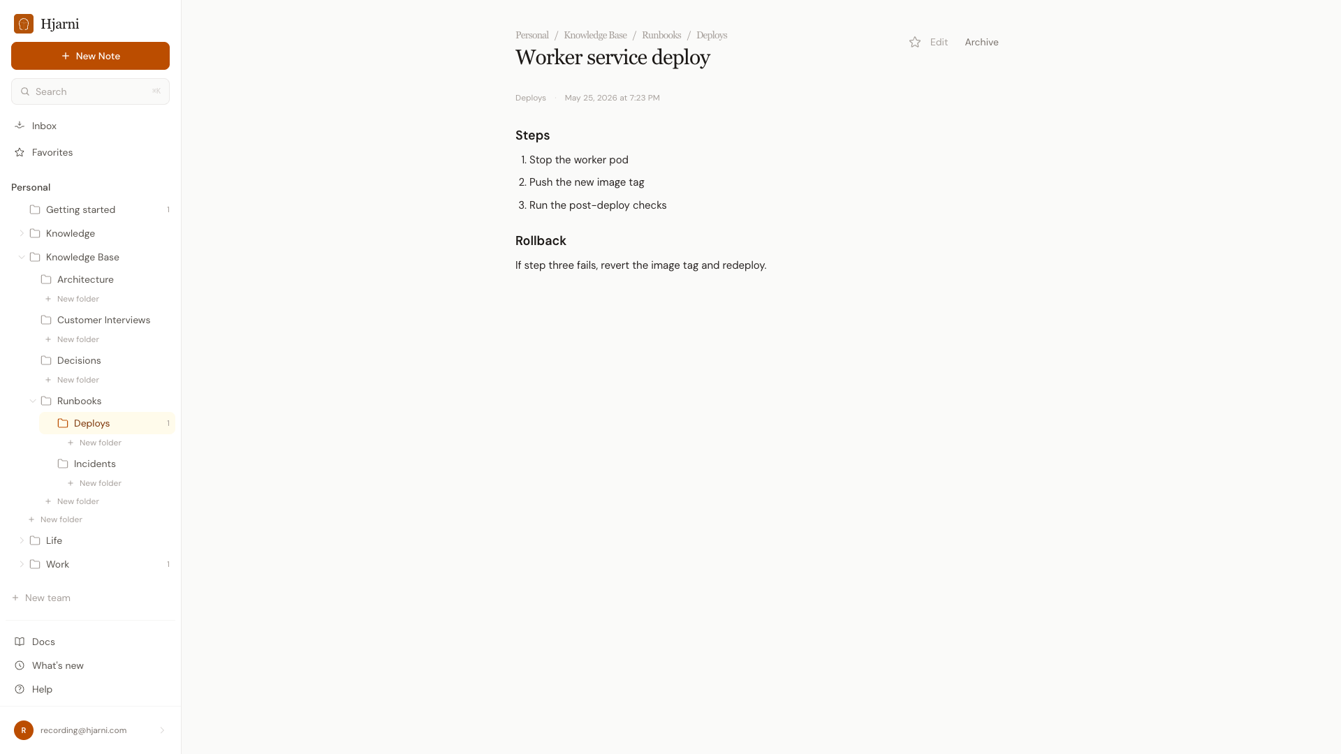 The Worker service deploy runbook open in Hjarni, with the Knowledge Base folder tree (Architecture, Decisions, Runbooks > Deploys + Incidents, Customer Interviews) visible in the sidebar.