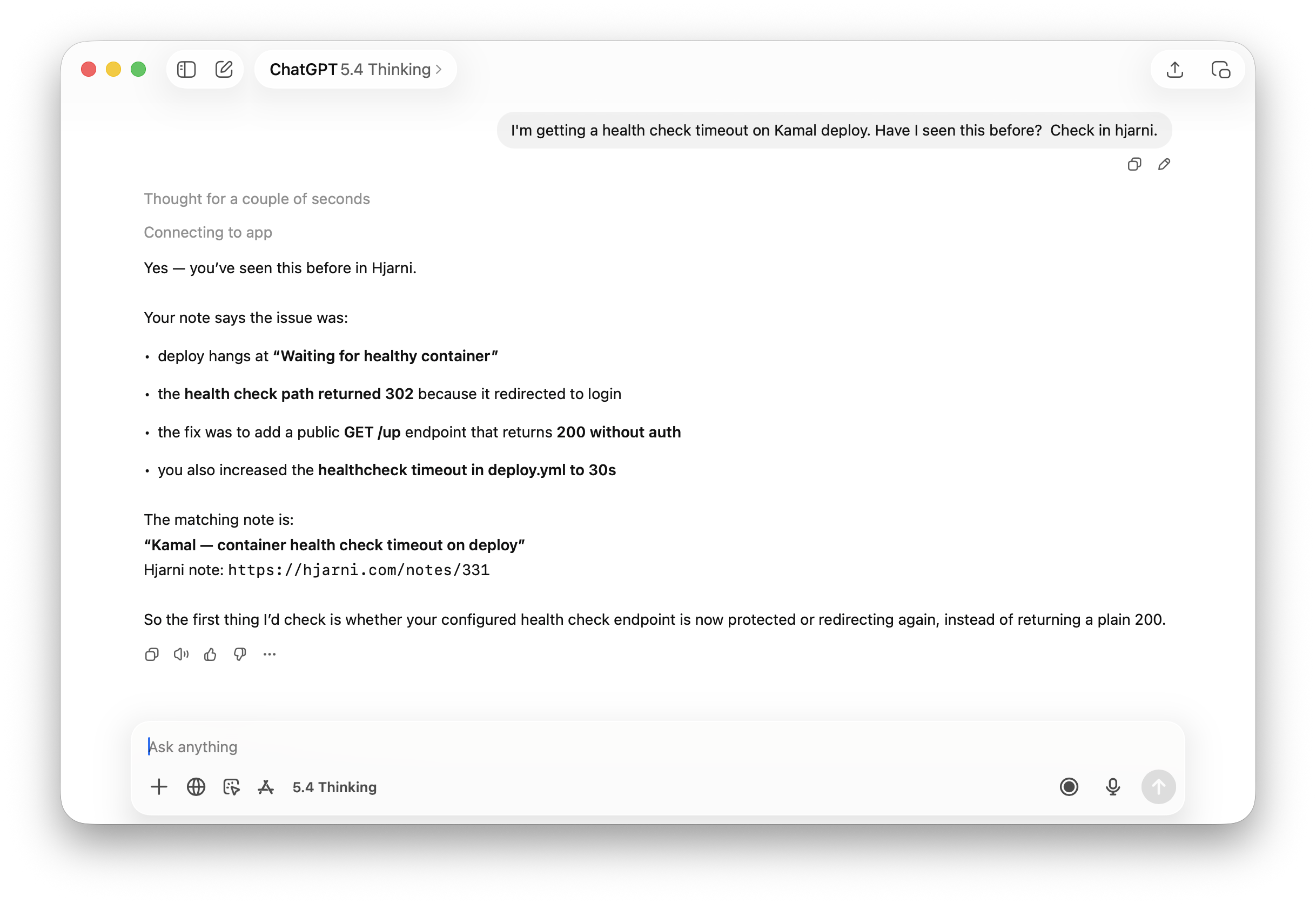 ChatGPT finding a saved error fix in your notes