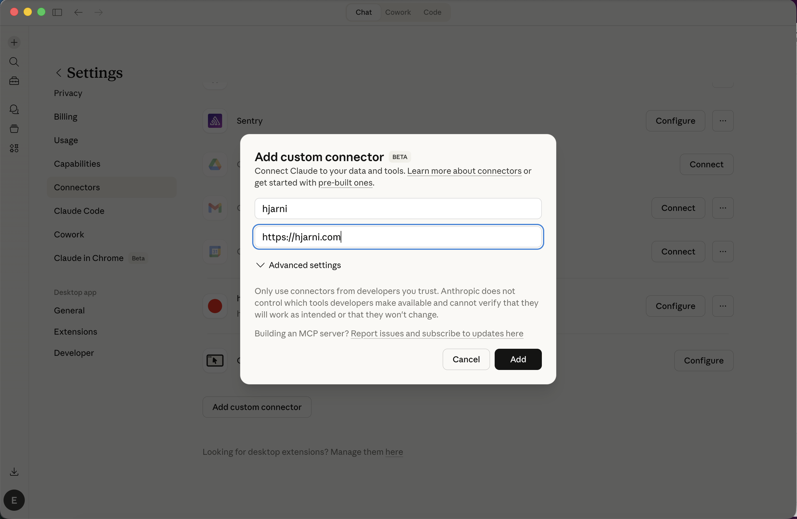 Claude MCP settings with Hjarni connected