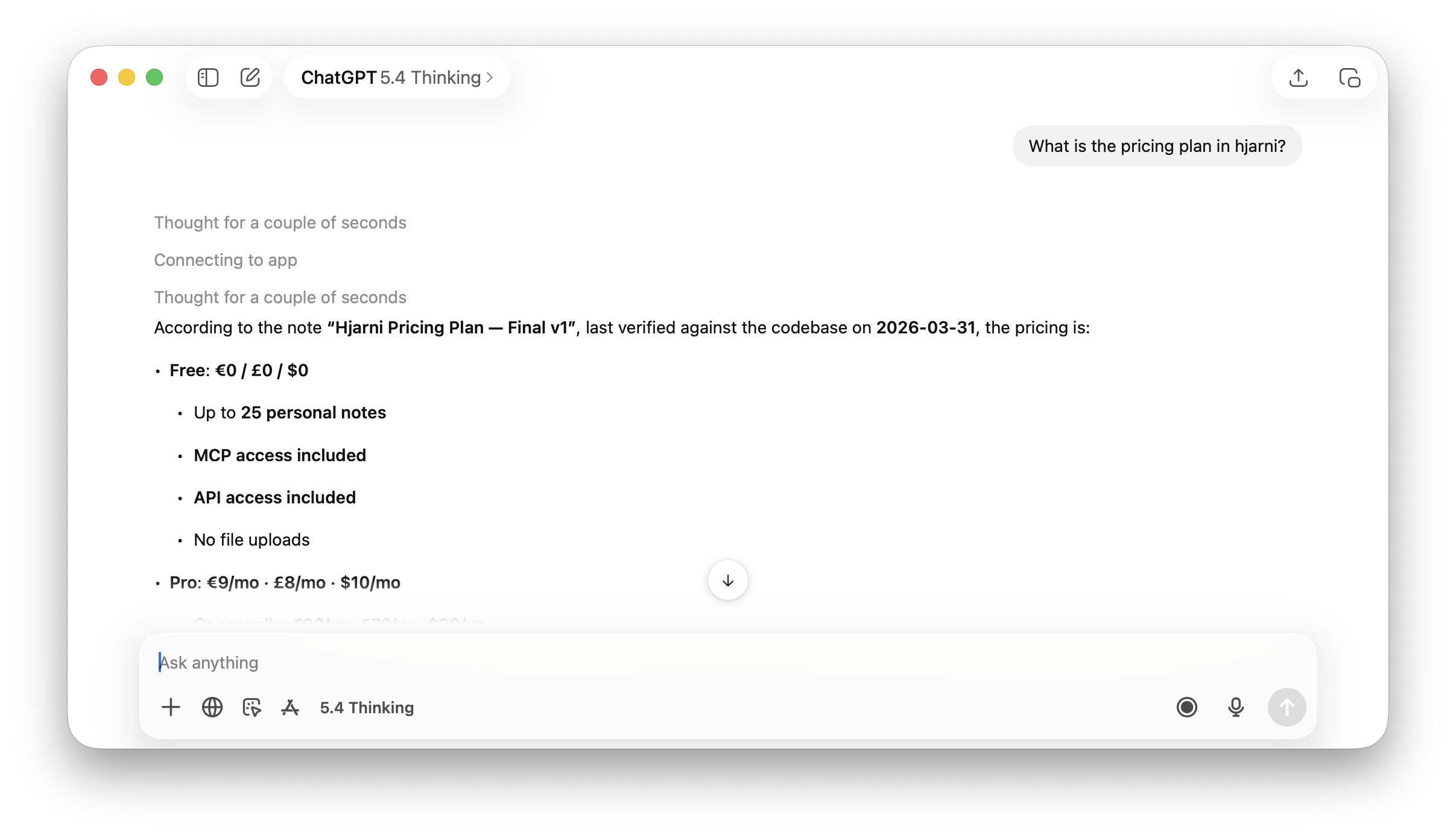 ChatGPT retrieving Hjarni pricing from your notes via MCP