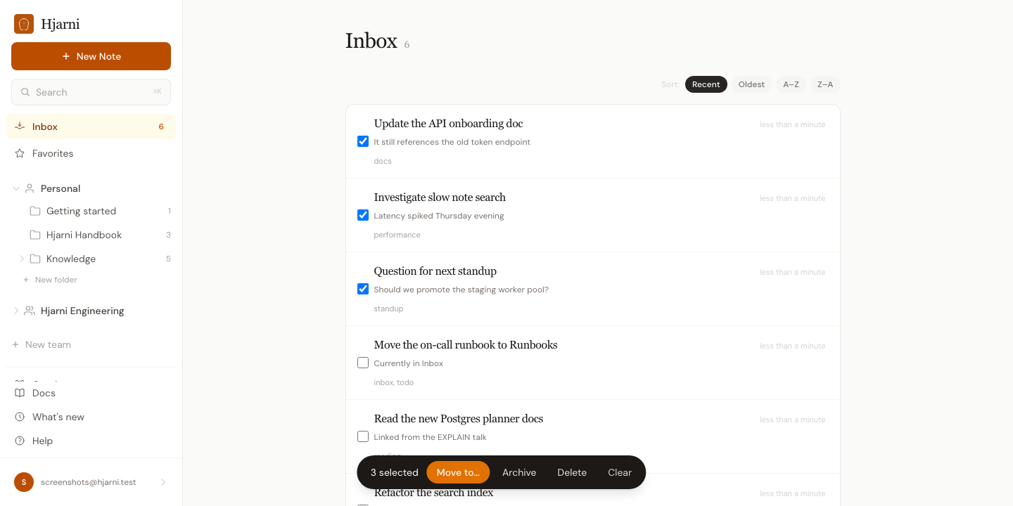 The inbox with three notes selected. A floating toolbar at the bottom reads "3 selected" followed by Move to, Archive, Delete, and Clear actions.