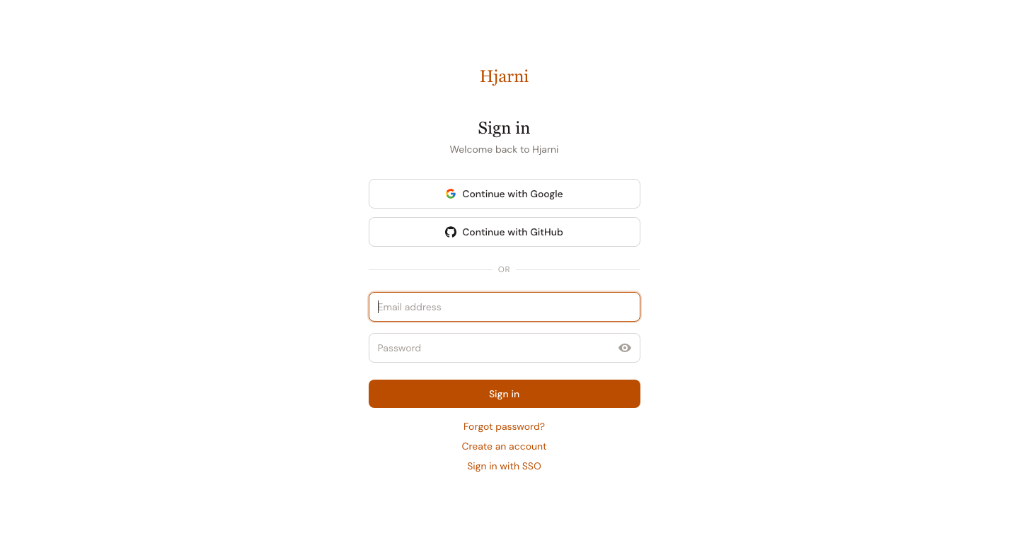 The Hjarni sign-in page with Continue with Google and Continue with GitHub buttons above the email and password form.