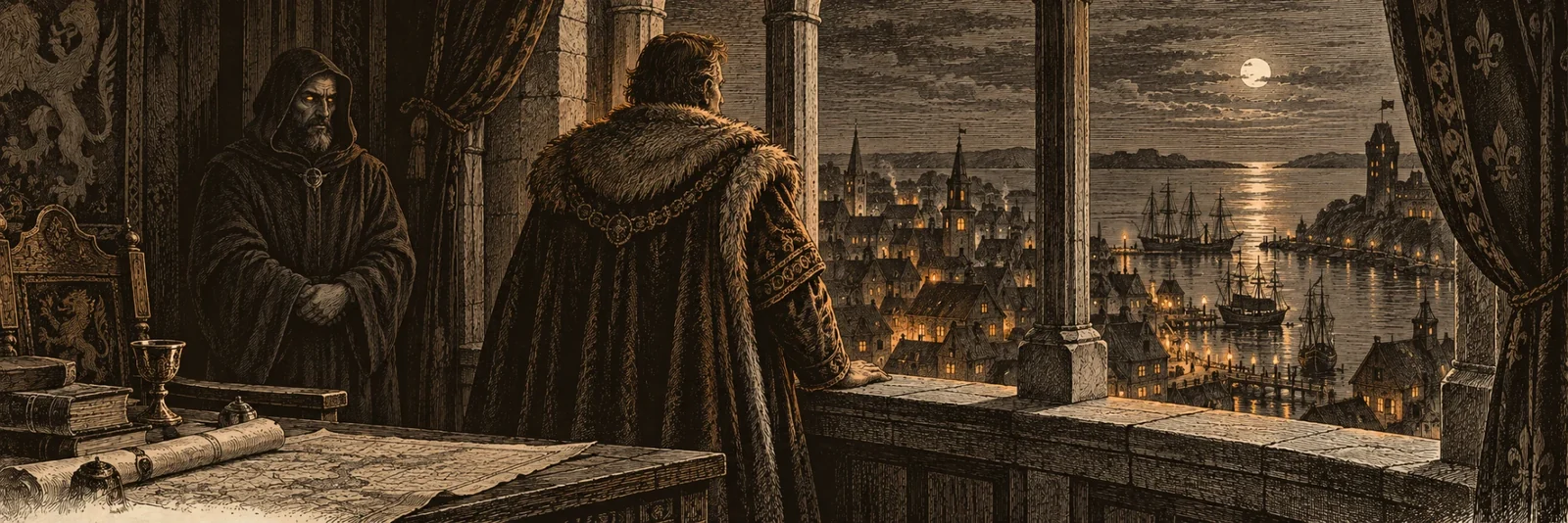 An engraving of a fur-collared nobleman looking out over a moonlit harbour town from a high window, a robed adviser waiting in the shadows behind him