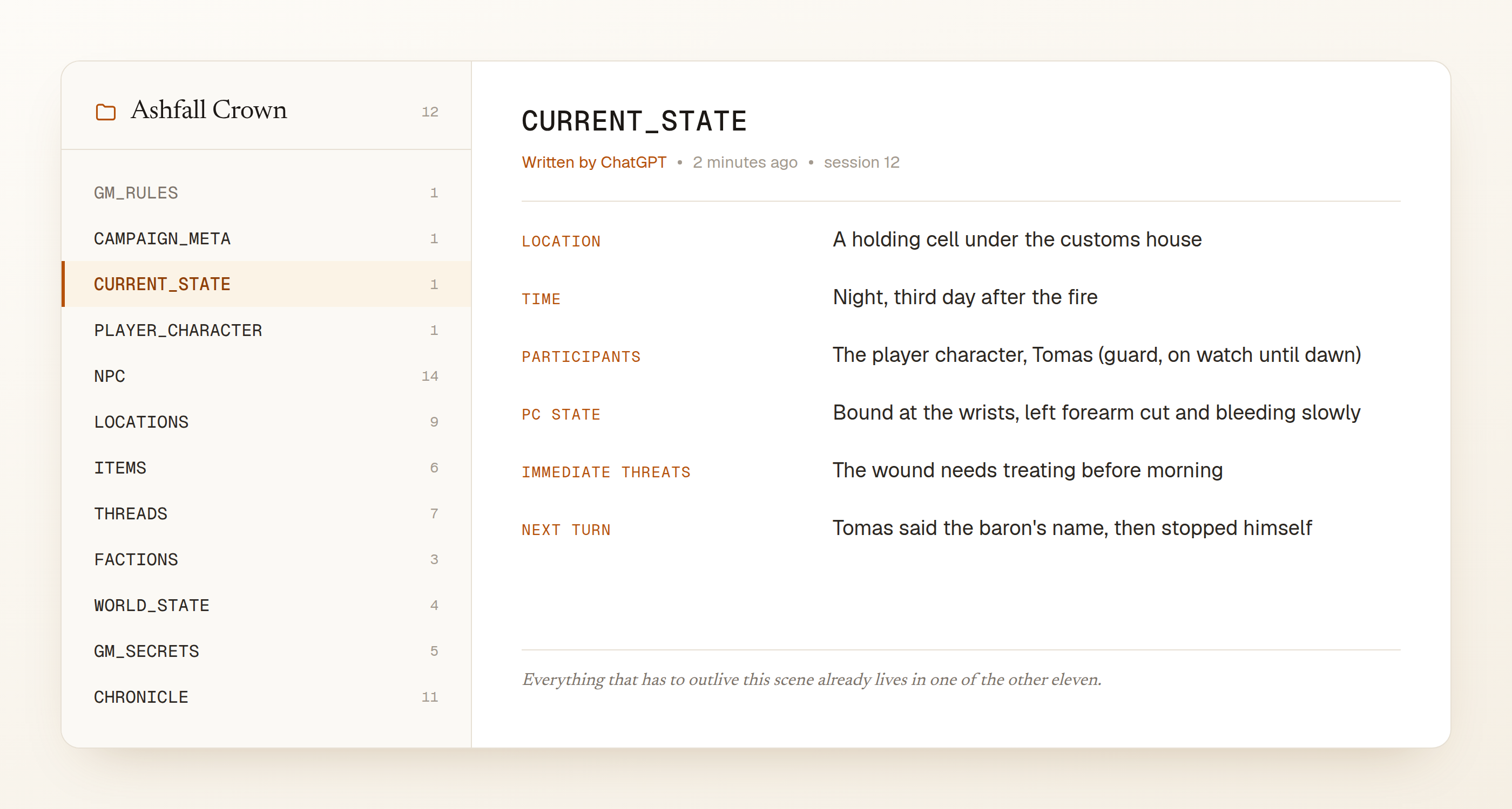A campaign folder holding the twelve notes, with CURRENT_STATE open: location, time, participants, the character's condition and the immediate threat