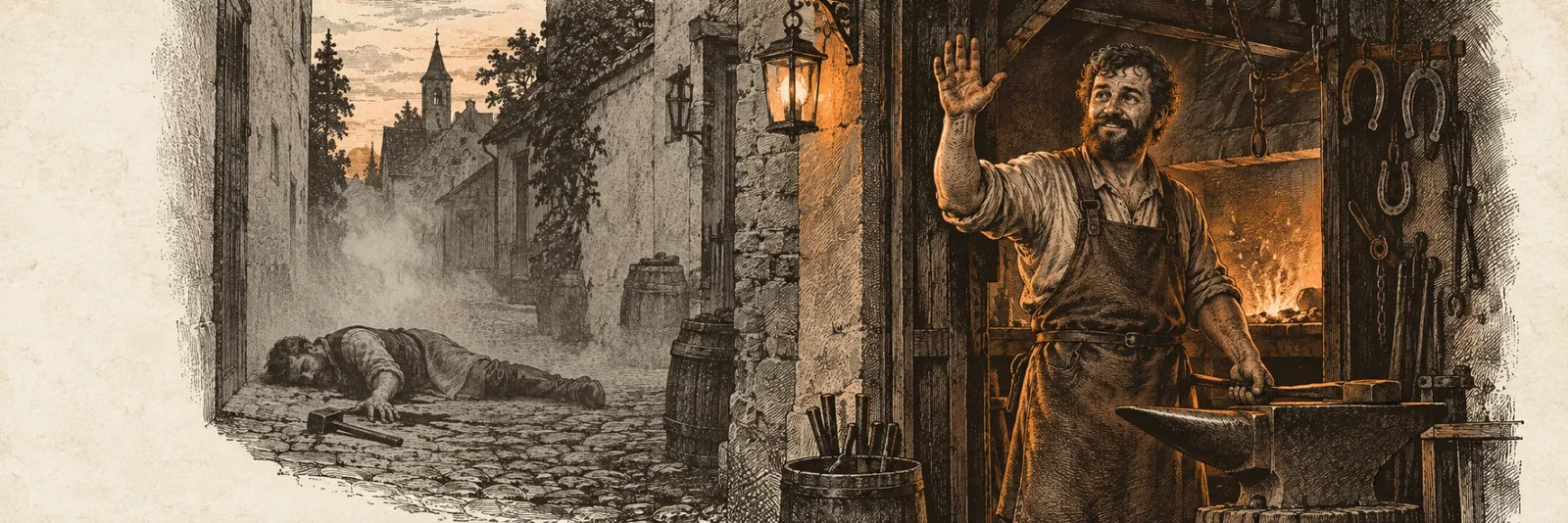 An engraving of a blacksmith waving cheerfully from his forge while, in the alley behind him, his own body lies face down on the cobbles