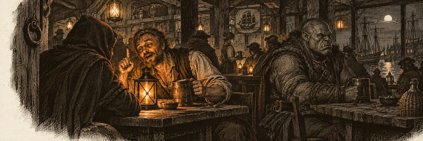 An engraving of a harbour tavern at night: a drunk leans across a lantern-lit table telling something to a hooded listener, while an orc at the next table drinks and pointedly ignores them