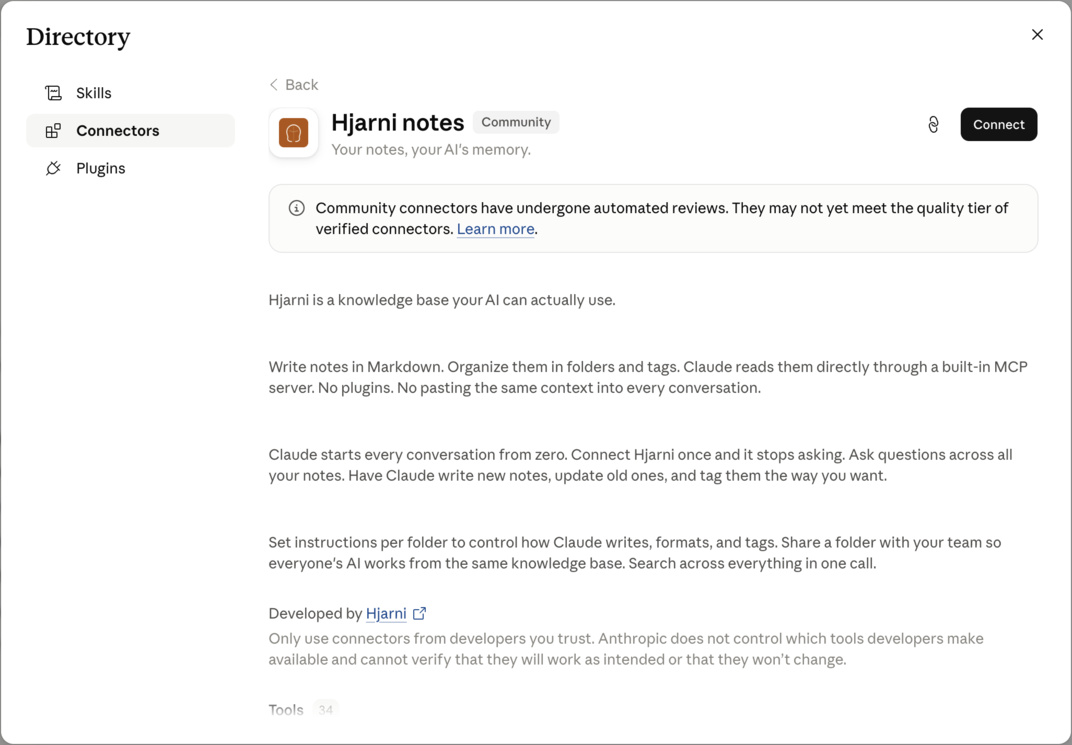 The Hjarni notes listing in Claude's Connectors Directory, showing the Connect button.