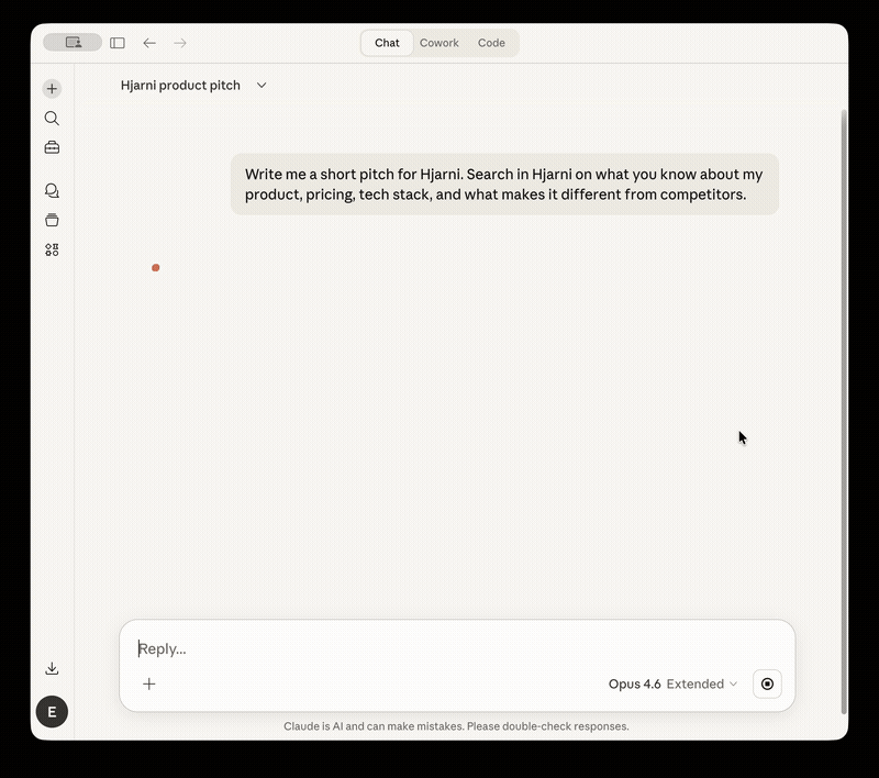 Claude searching Hjarni notes and writing a product pitch