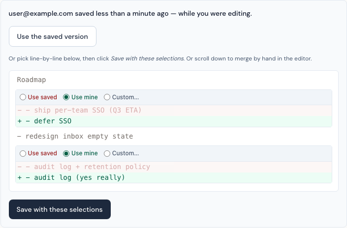Conflict screen showing the other editor's changes, a "Use the saved version" button, and per-hunk merge choices