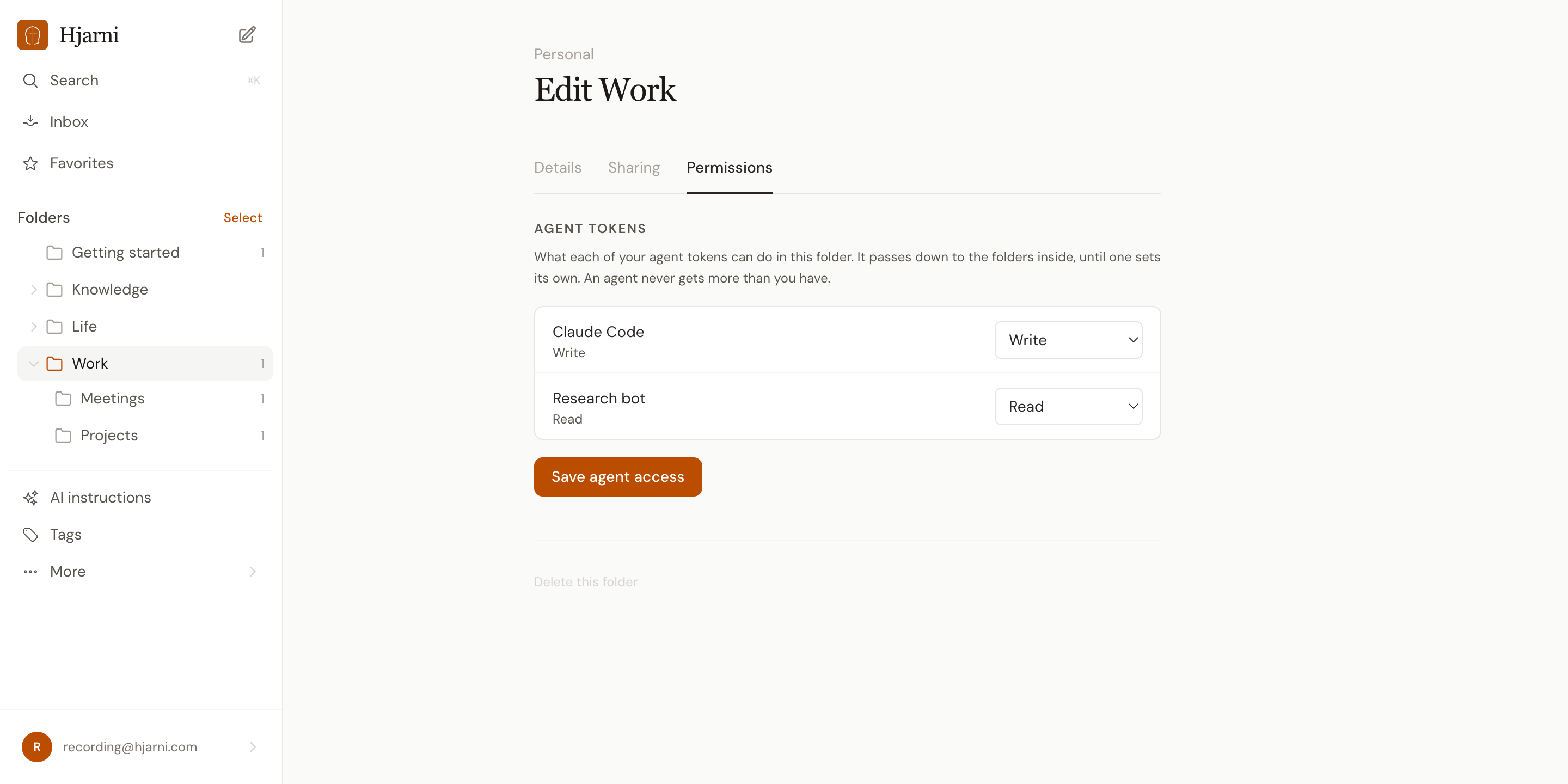 The Permissions tab of the Work folder. Under Agent tokens, Claude Code is set to Write and Research bot to Read, with a Save agent access button below.
