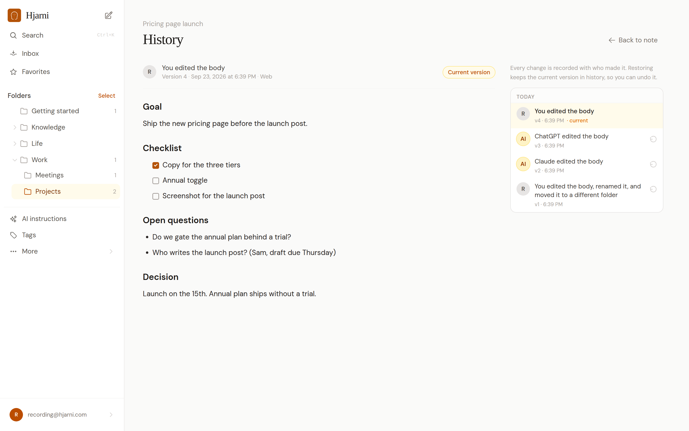 A note's history in Hjarni: the current version on the left, and on the right a list of four versions, two written by you and one each by Claude and ChatGPT, each with a restore button.