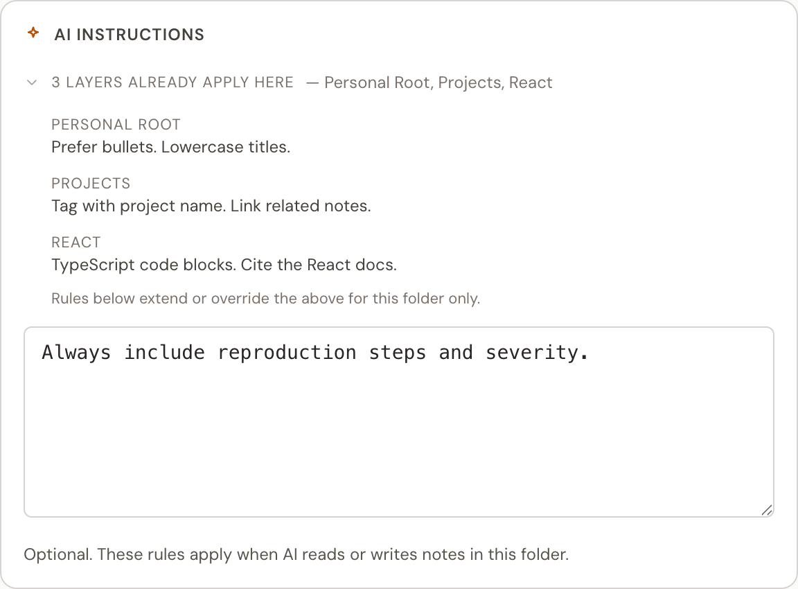 The AI Instructions panel on the Edit Bugs folder page, showing Personal Root, Projects, and React rules already applied, with a textarea below for writing the rule that applies to Bugs.