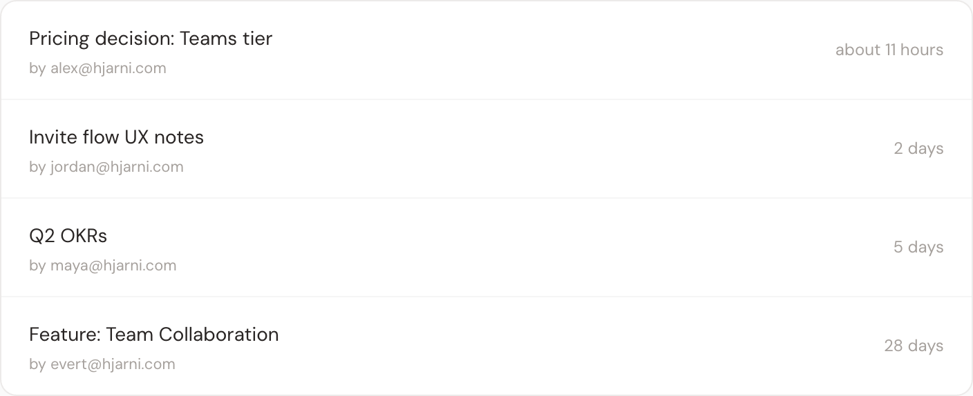 A shared Hjarni folder with notes written by four different teammates