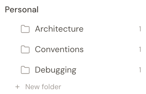 The Personal sidebar in Hjarni showing Architecture, Conventions, and Debugging folders, each with one note.