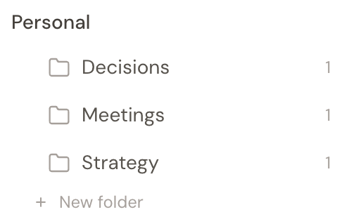 The Personal sidebar in Hjarni showing Strategy, Meetings, and Decisions folders, each with one note.