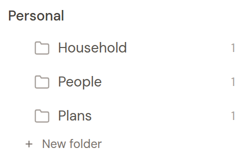 The Personal sidebar in Hjarni showing People, Household, and Plans folders, each with one note.