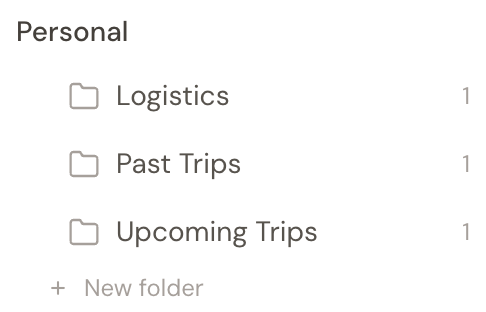 The Personal sidebar in Hjarni showing Logistics, Past Trips, and Upcoming Trips folders, each with one note.