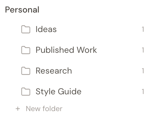 The Personal sidebar in Hjarni showing Ideas, Published Work, Research, and Style Guide folders, each with one note.